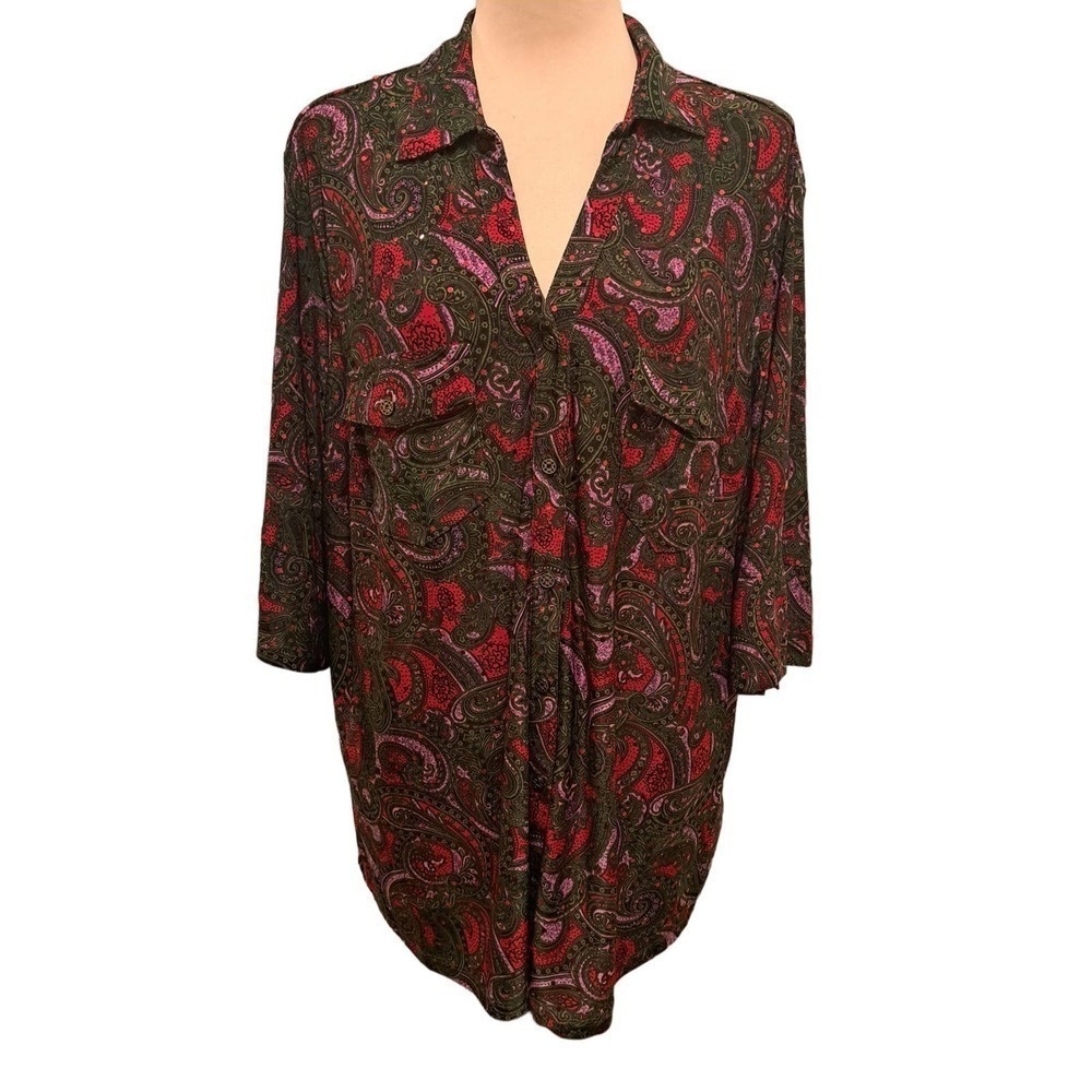 Cathy Woman Silky Sequin Red Paisley Blouse Size 1X